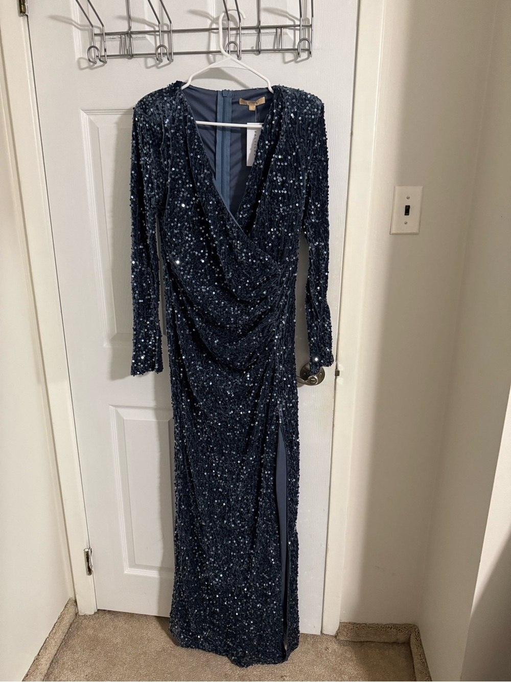 Baltic Born Navy Sequin Long-Sleeve Draped Gown